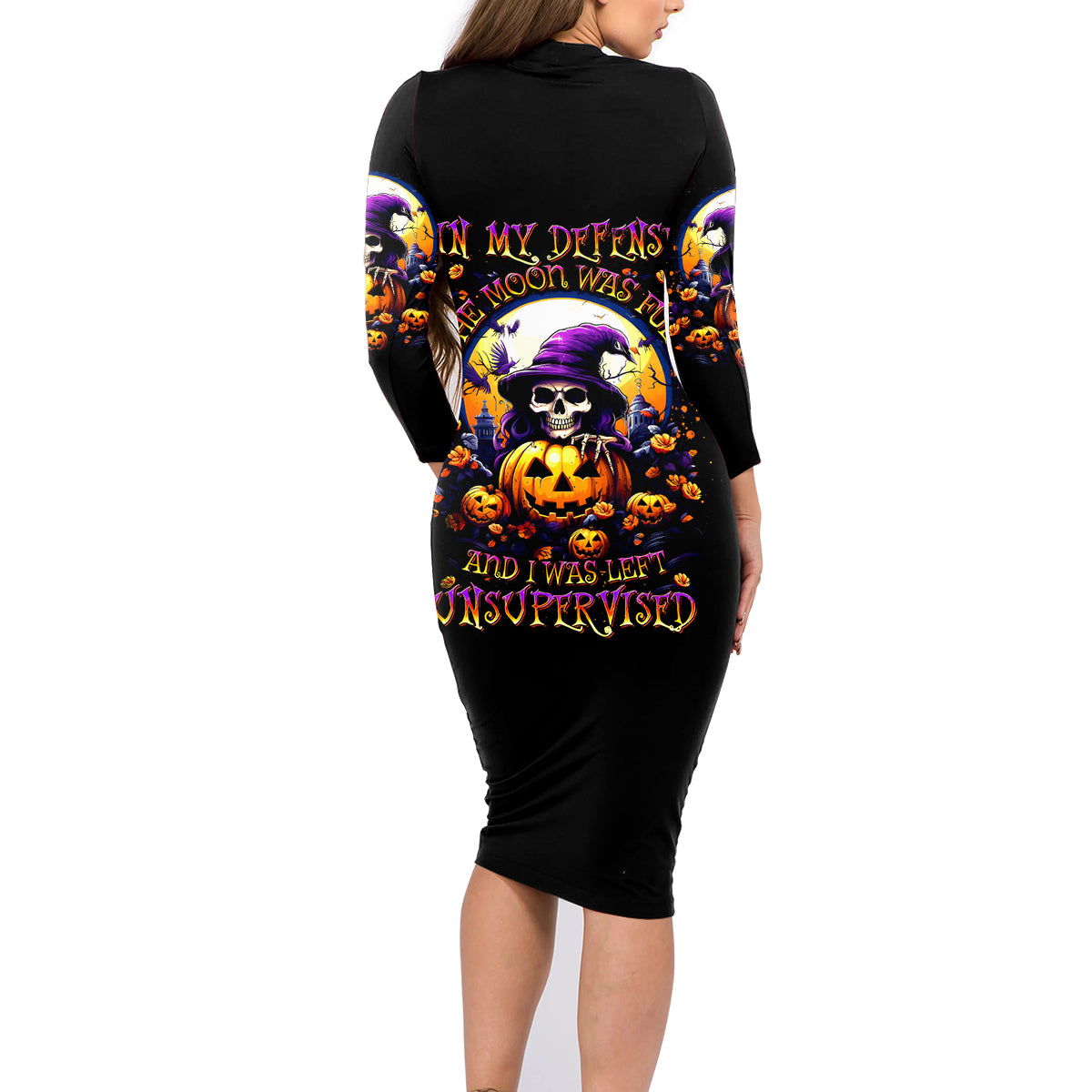 Pumpkin Witch Skull Family Matching Long Sleeve Bodycon Dress and Hawaiian Shirt In My Defense The Moon Was Full And I Was Left Unsupervided - Wonder Print Shop