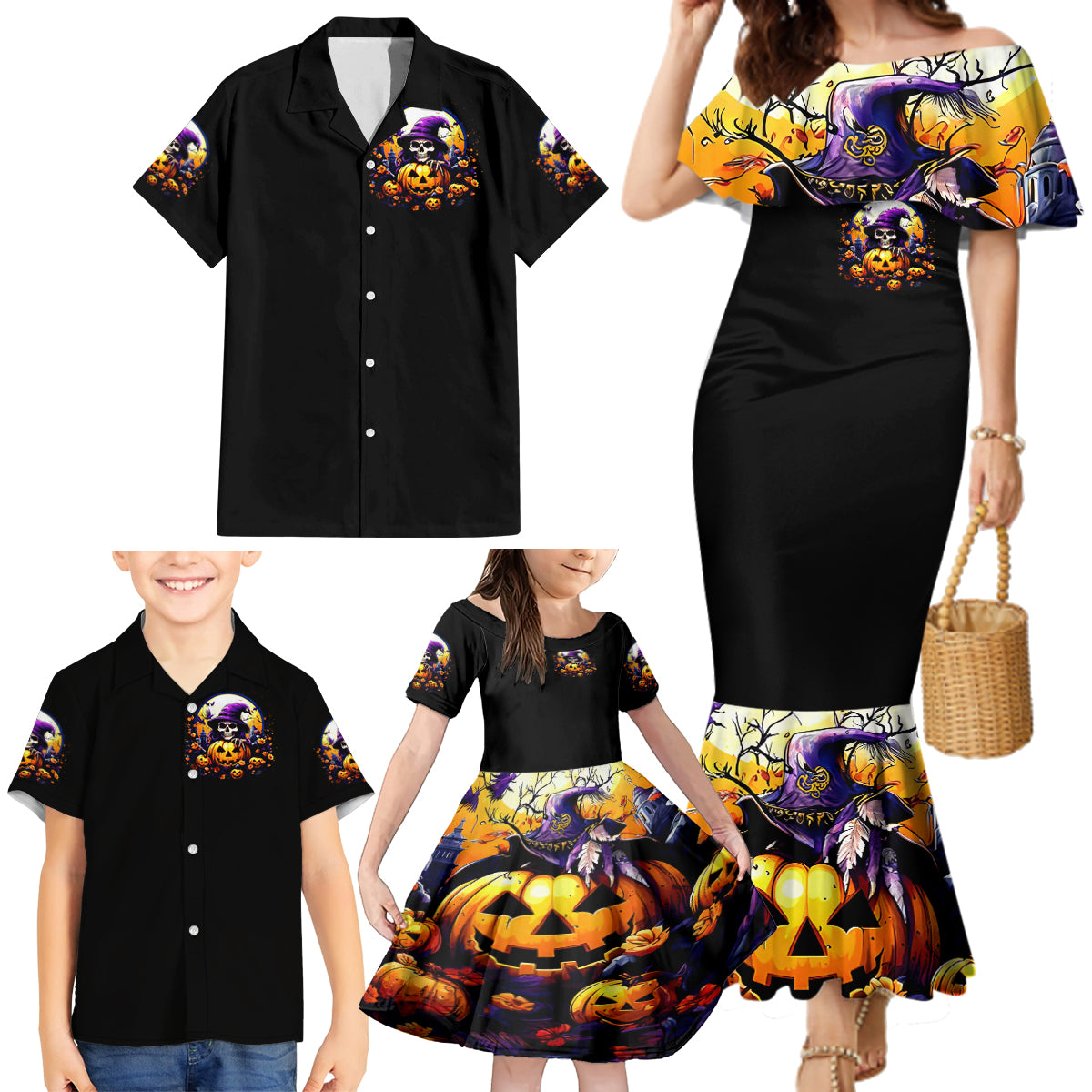 Pumpkin Witch Skull Family Matching Mermaid Dress and Hawaiian Shirt In My Defense The Moon Was Full And I Was Left Unsupervided - Wonder Print Shop