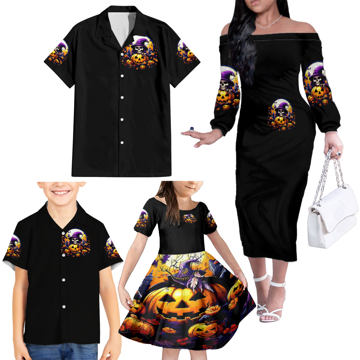 Pumpkin Witch Skull Family Matching Off Shoulder Long Sleeve Dress and Hawaiian Shirt In My Defense The Moon Was Full And I Was Left Unsupervided - Wonder Print Shop