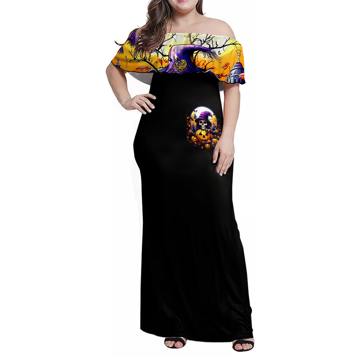 Pumpkin Witch Skull Family Matching Off Shoulder Maxi Dress and Hawaiian Shirt In My Defense The Moon Was Full And I Was Left Unsupervided - Wonder Print Shop