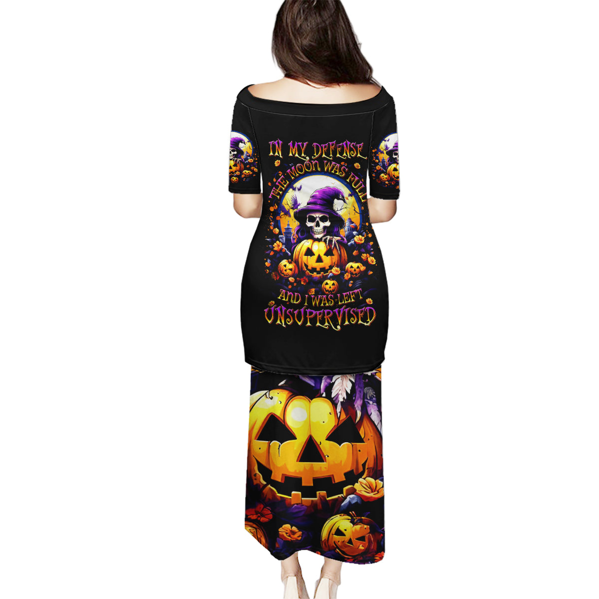 Pumpkin Witch Skull Family Matching Puletasi and Hawaiian Shirt In My Defense The Moon Was Full And I Was Left Unsupervided - Wonder Print Shop
