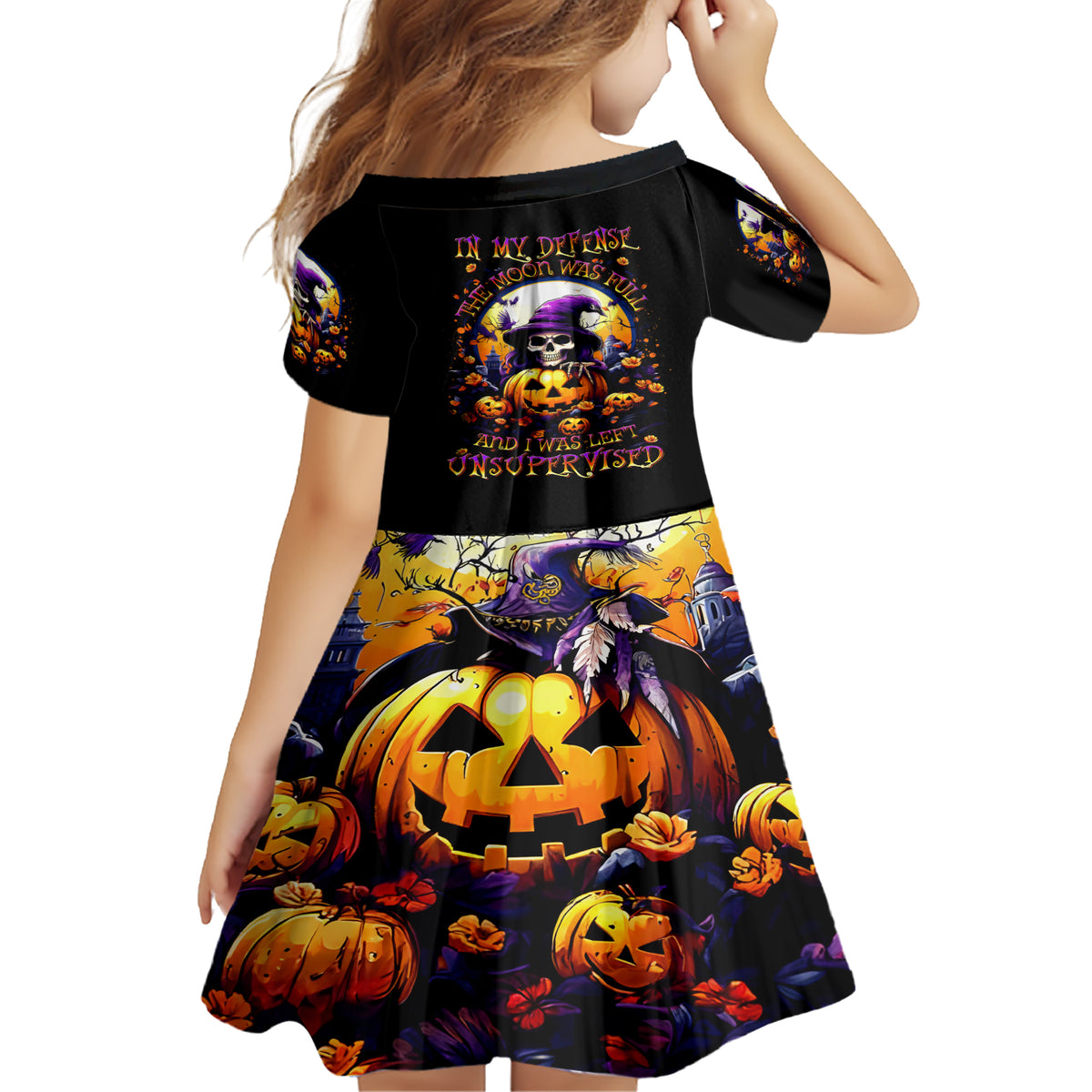 Pumpkin Witch Skull Family Matching Short Sleeve Bodycon Dress and Hawaiian Shirt In My Defense The Moon Was Full And I Was Left Unsupervided - Wonder Print Shop