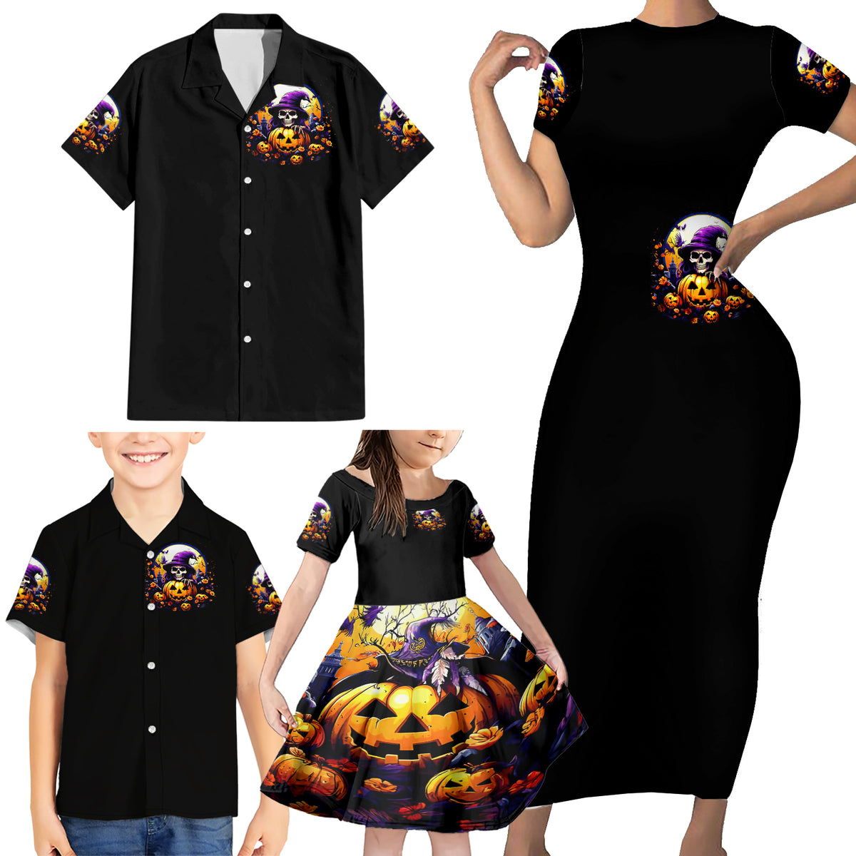Pumpkin Witch Skull Family Matching Short Sleeve Bodycon Dress and Hawaiian Shirt In My Defense The Moon Was Full And I Was Left Unsupervided - Wonder Print Shop