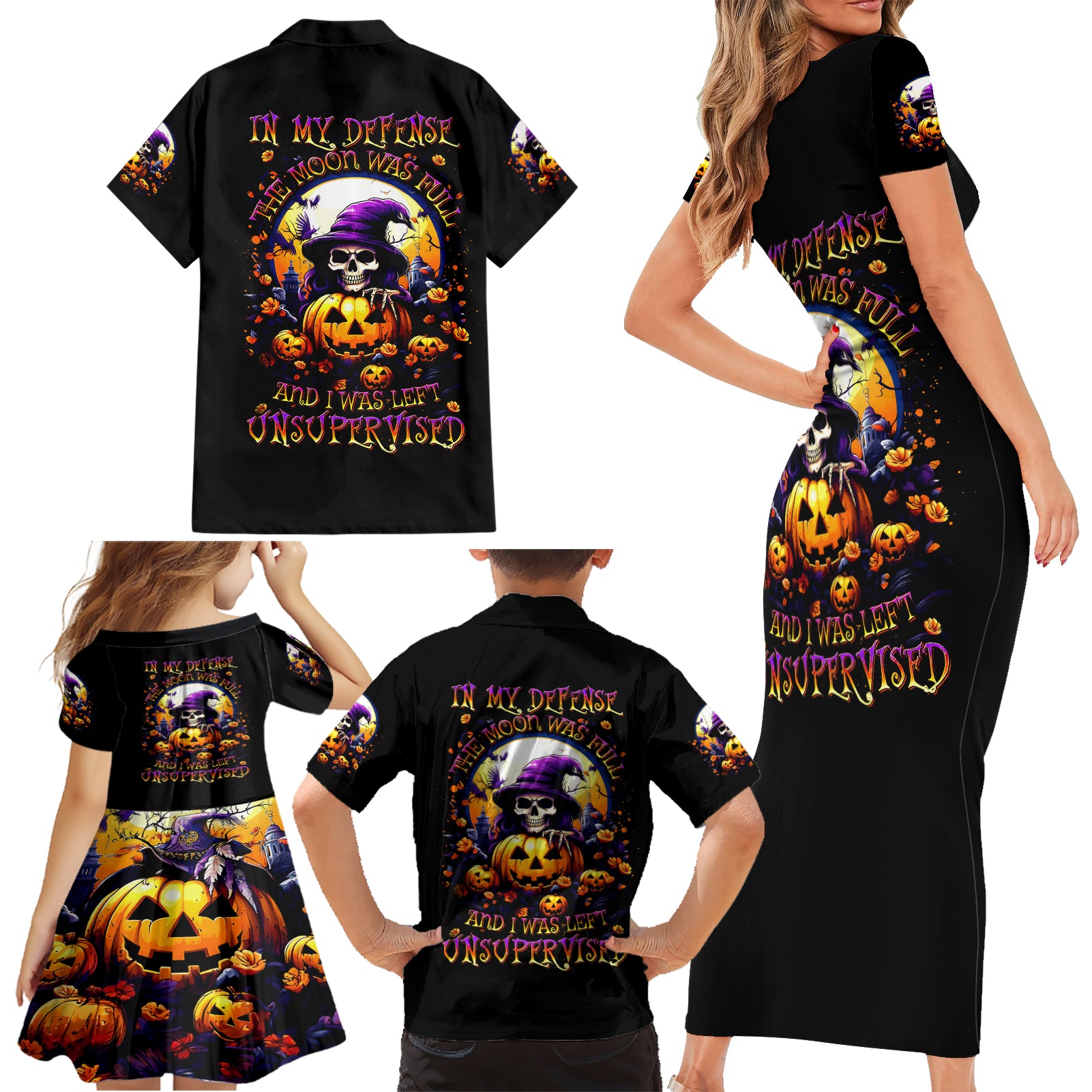 Pumpkin Witch Skull Family Matching Short Sleeve Bodycon Dress and Hawaiian Shirt In My Defense The Moon Was Full And I Was Left Unsupervided - Wonder Print Shop