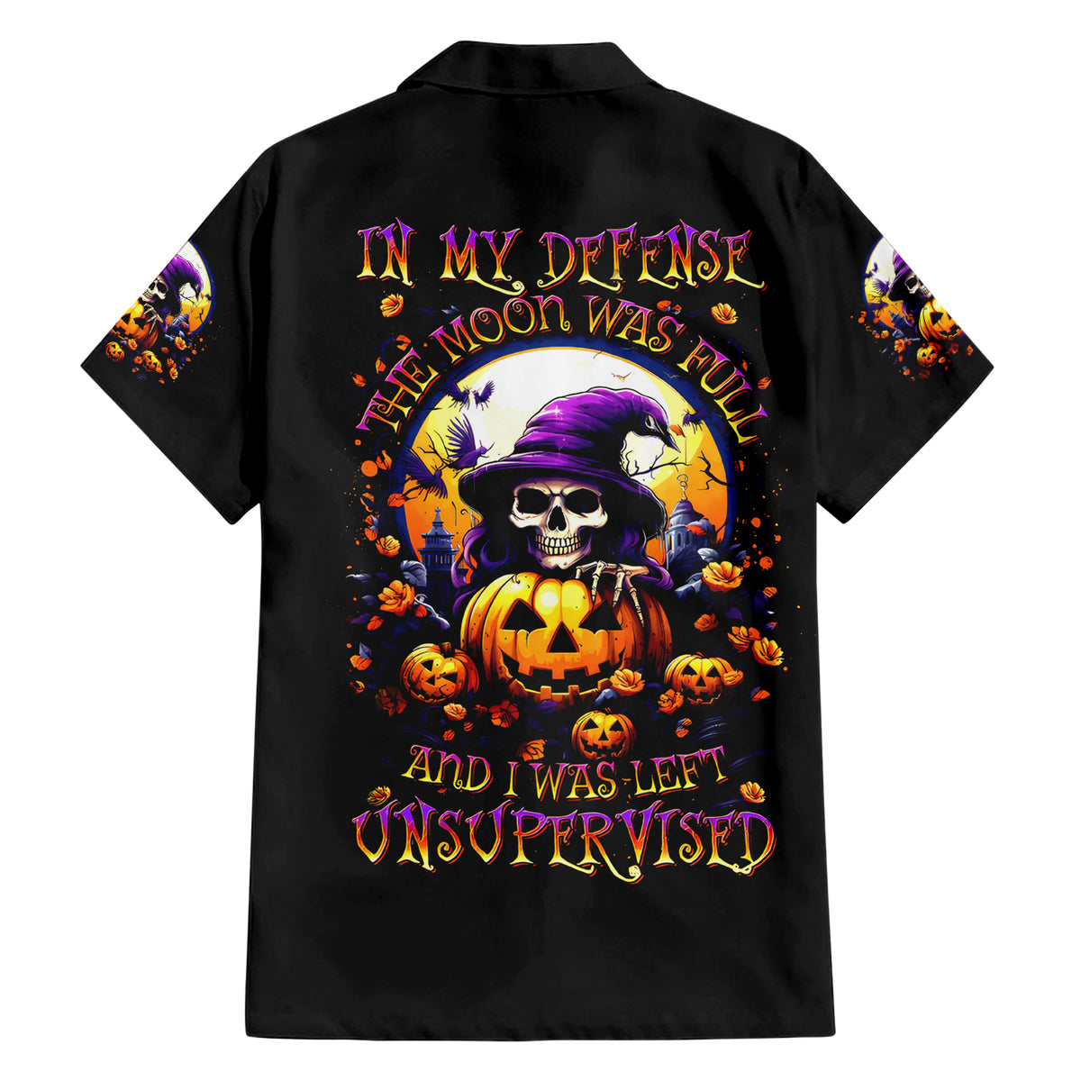 Pumpkin Witch Skull Family Matching Short Sleeve Bodycon Dress and Hawaiian Shirt In My Defense The Moon Was Full And I Was Left Unsupervided - Wonder Print Shop