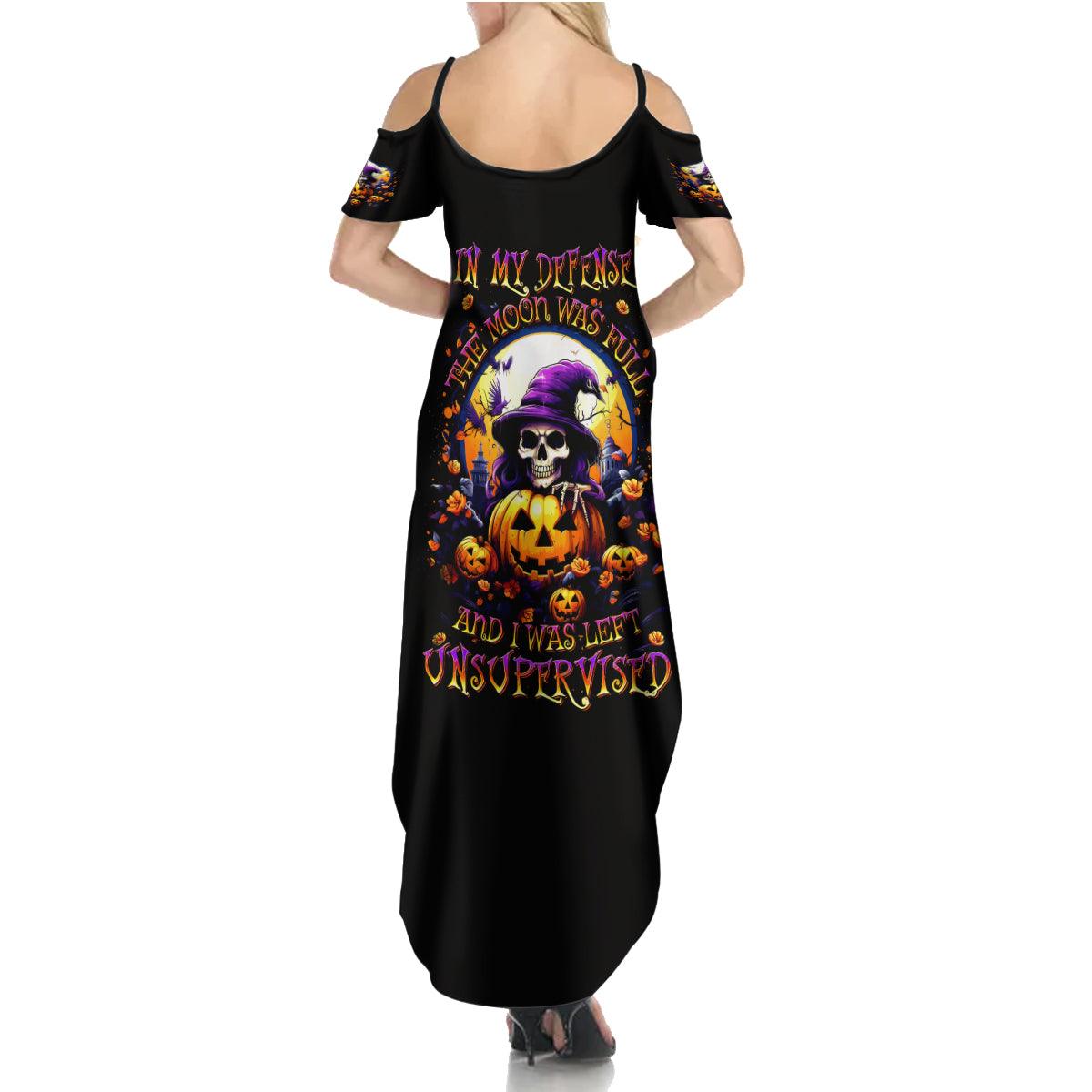 Pumpkin Witch Skull Family Matching Summer Maxi Dress and Hawaiian Shirt In My Defense The Moon Was Full And I Was Left Unsupervided - Wonder Print Shop