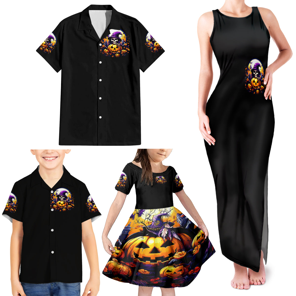 Pumpkin Witch Skull Family Matching Tank Maxi Dress and Hawaiian Shirt In My Defense The Moon Was Full And I Was Left Unsupervided - Wonder Print Shop