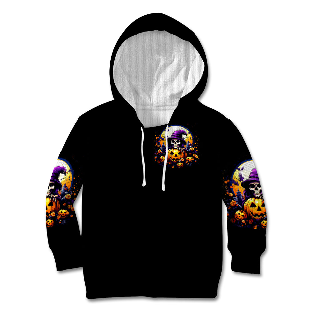 Black pullover hoodie with skull-and-pumpkin print on front and sleeves