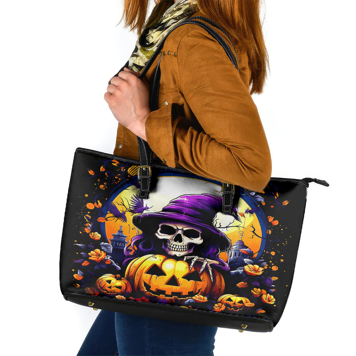 Pumpkin Witch Skull Leather Tote Bag In My Defense The Moon Was Full And I Was Left Unsupervided - Wonder Print Shop