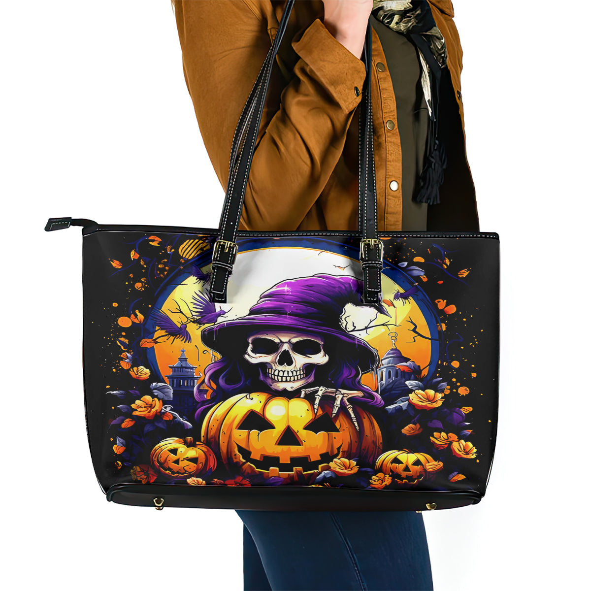 Pumpkin Witch Skull Leather Tote Bag In My Defense The Moon Was Full And I Was Left Unsupervided - Wonder Print Shop