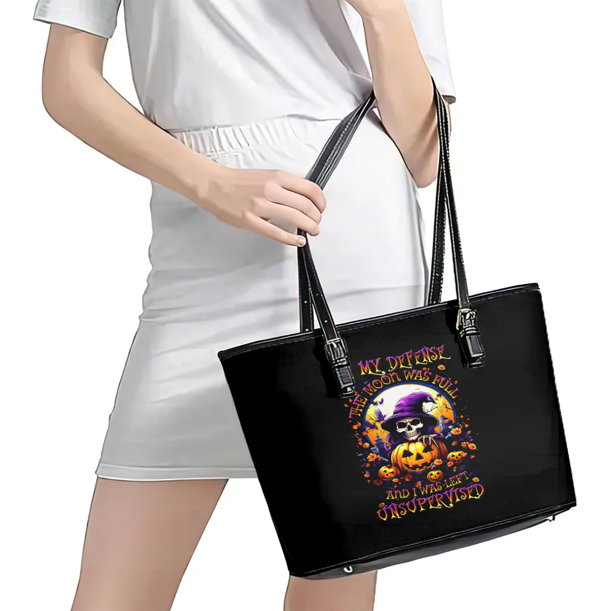 Pumpkin Witch Skull Leather Tote Bag In My Defense The Moon Was Full And I Was Left Unsupervided - Wonder Print Shop