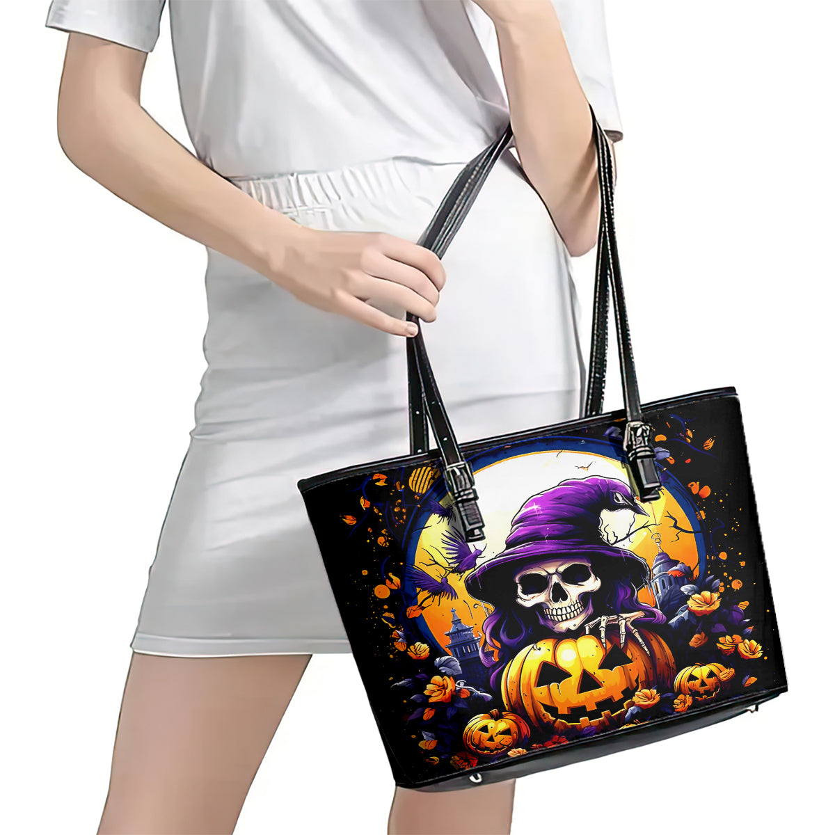Pumpkin Witch Skull Leather Tote Bag In My Defense The Moon Was Full And I Was Left Unsupervided - Wonder Print Shop
