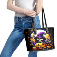 Pumpkin Witch Skull Leather Tote Bag In My Defense The Moon Was Full And I Was Left Unsupervided - Wonder Print Shop