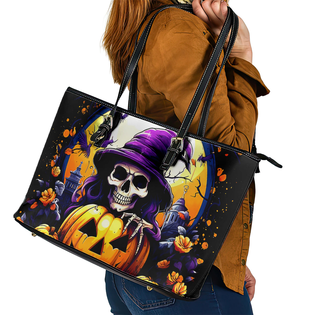 Pumpkin Witch Skull Leather Tote Bag In My Defense The Moon Was Full And I Was Left Unsupervided - Wonder Print Shop