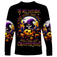 Pumpkin Witch Skull Long Sleeve Shirt In My Defense The Moon Was Full And I Was Left Unsupervided - Wonder Print Shop