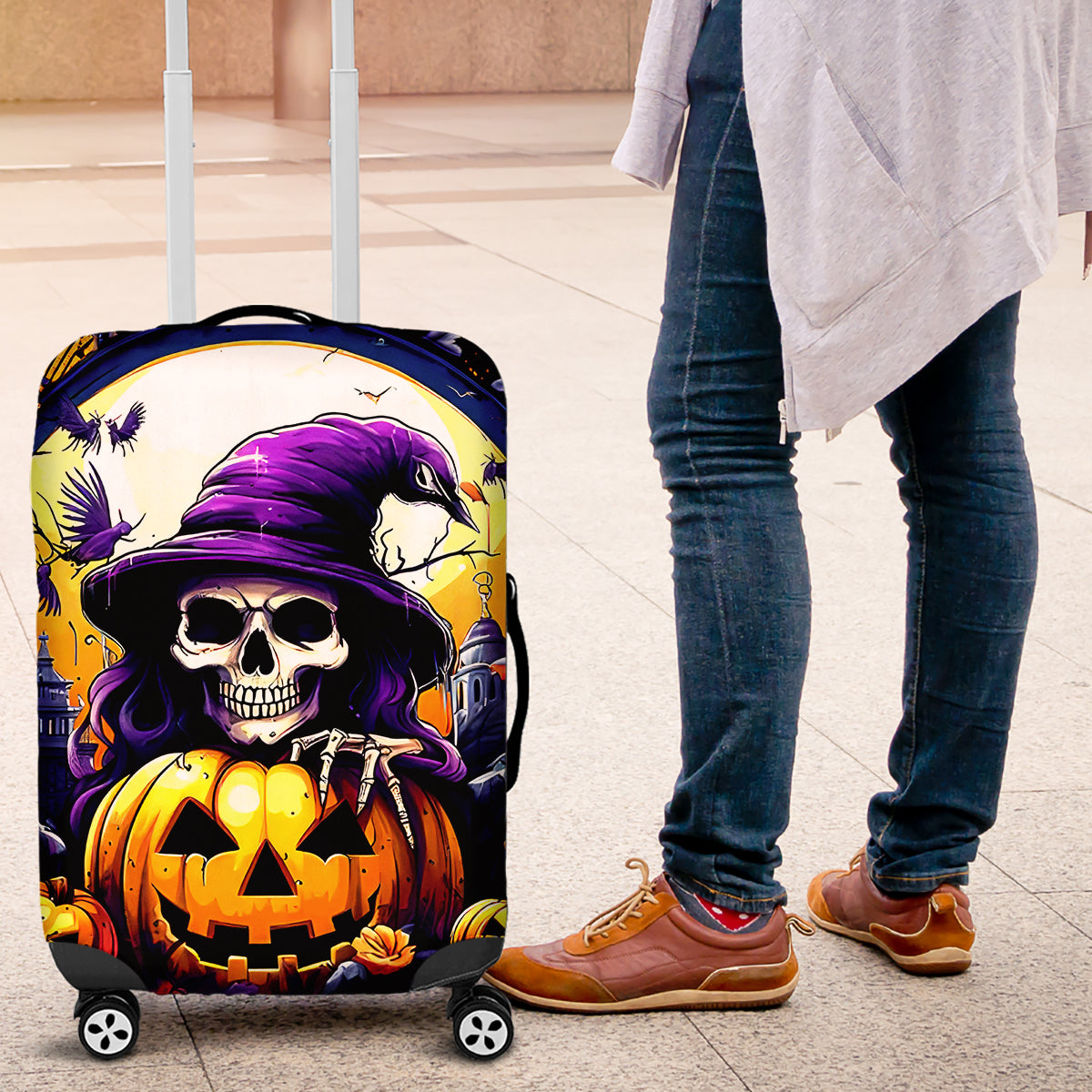 Pumpkin Witch Skull Luggage Cover In My Defense The Moon Was Full And I Was Left Unsupervided - Wonder Print Shop