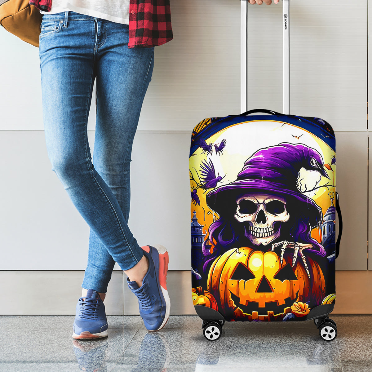 Pumpkin Witch Skull Luggage Cover In My Defense The Moon Was Full And I Was Left Unsupervided - Wonder Print Shop