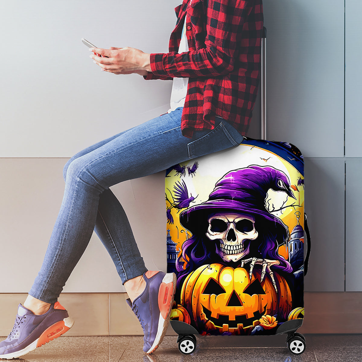 Pumpkin Witch Skull Luggage Cover In My Defense The Moon Was Full And I Was Left Unsupervided - Wonder Print Shop