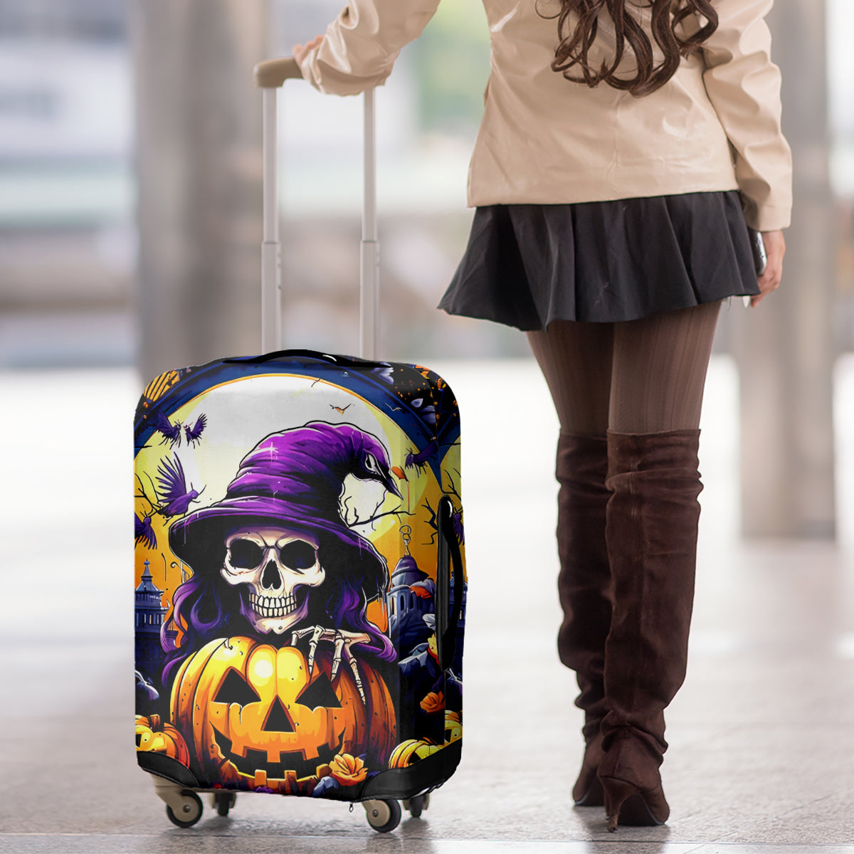Pumpkin Witch Skull Luggage Cover In My Defense The Moon Was Full And I Was Left Unsupervided - Wonder Print Shop