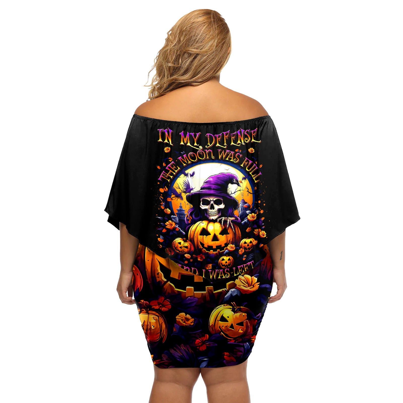 Pumpkin Witch Skull Off Shoulder Short Dress In My Defense The Moon Was Full And I Was Left Unsupervided - Wonder Print Shop