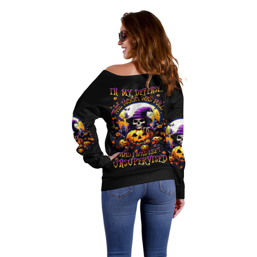 Pumpkin Witch Skull Off Shoulder Sweater In My Defense The Moon Was Full And I Was Left Unsupervided - Wonder Print Shop