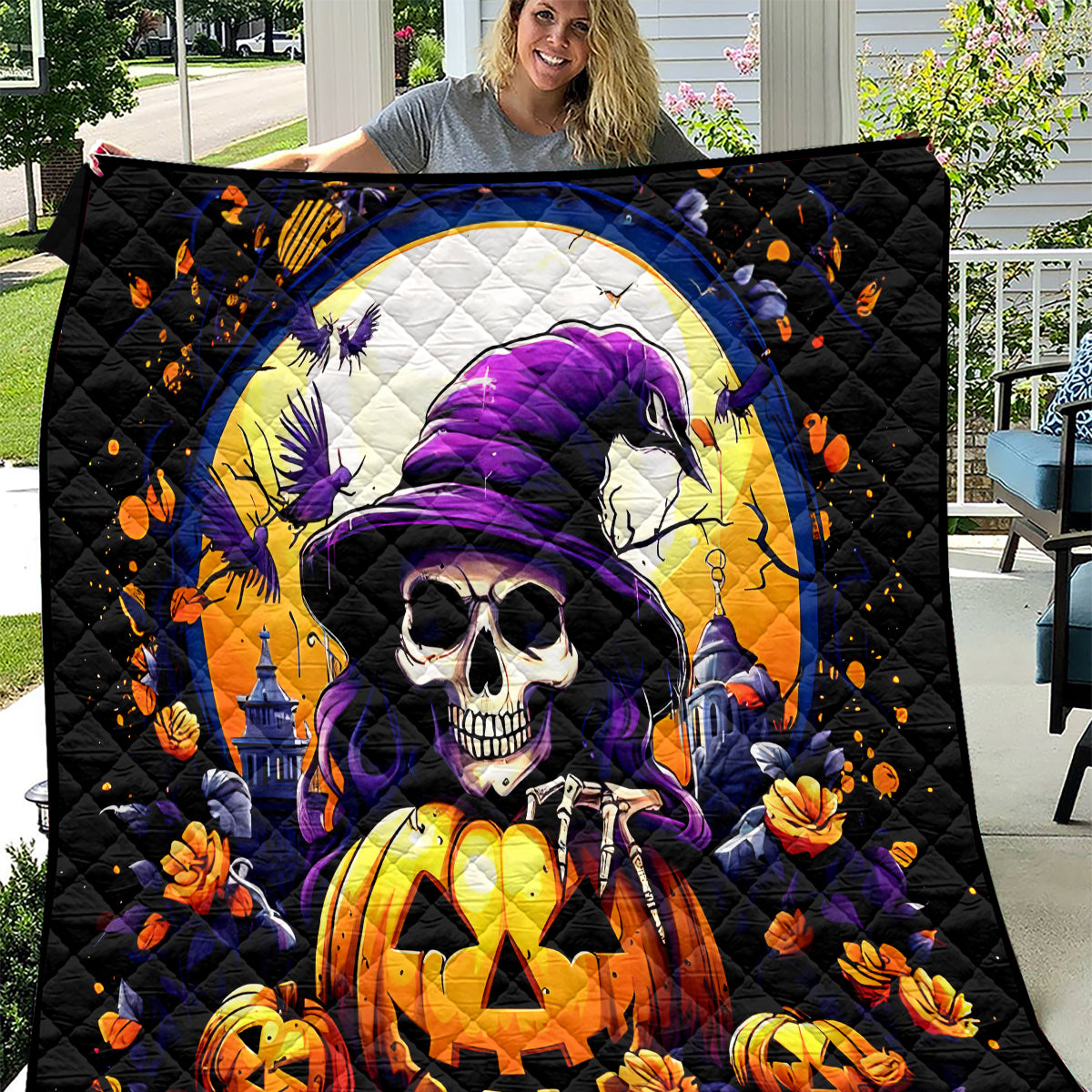 Pumpkin Witch Skull Quilt In My Defense The Moon Was Full And I Was Left Unsupervided - Wonder Print Shop