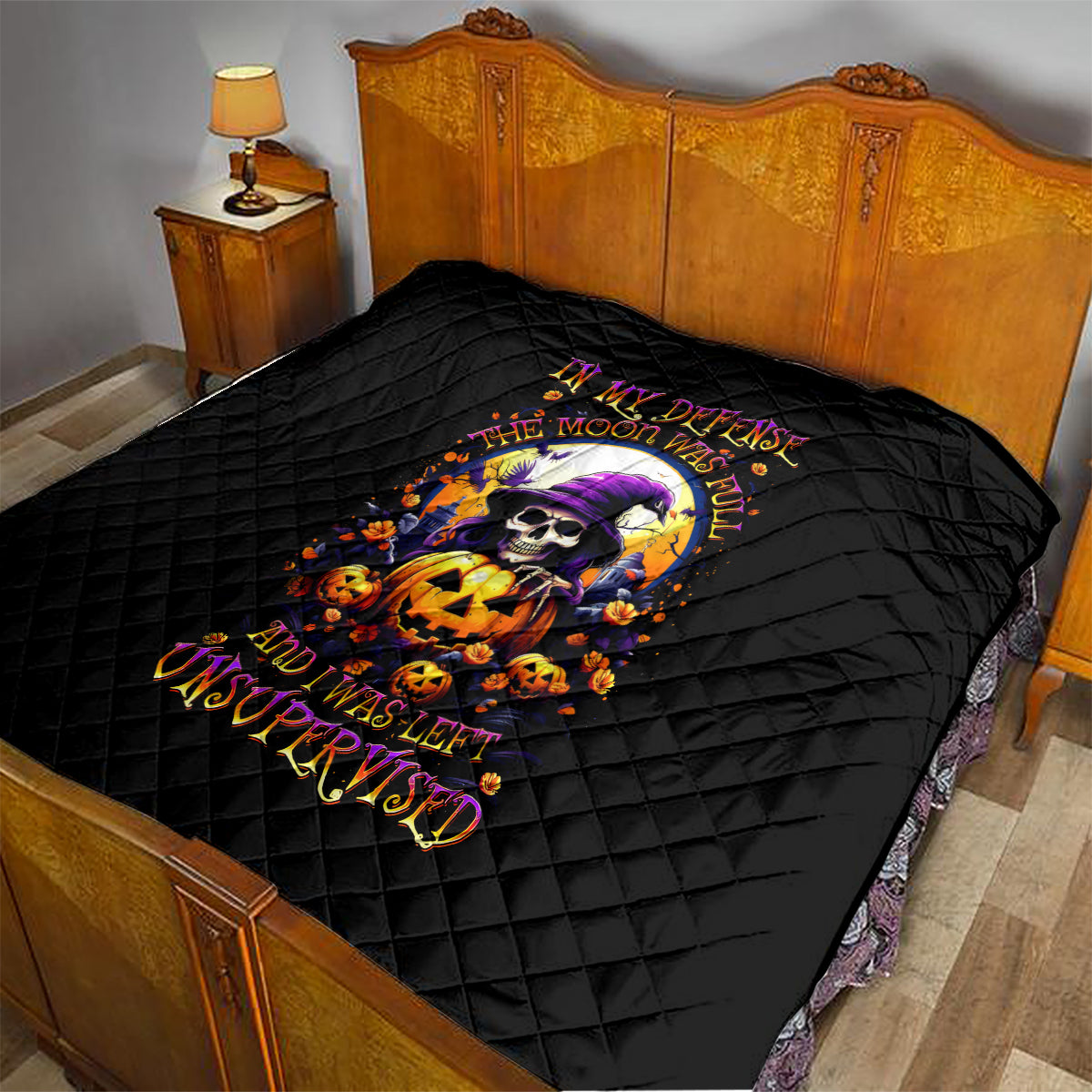 Pumpkin Witch Skull Quilt In My Defense The Moon Was Full And I Was Left Unsupervided - Wonder Print Shop
