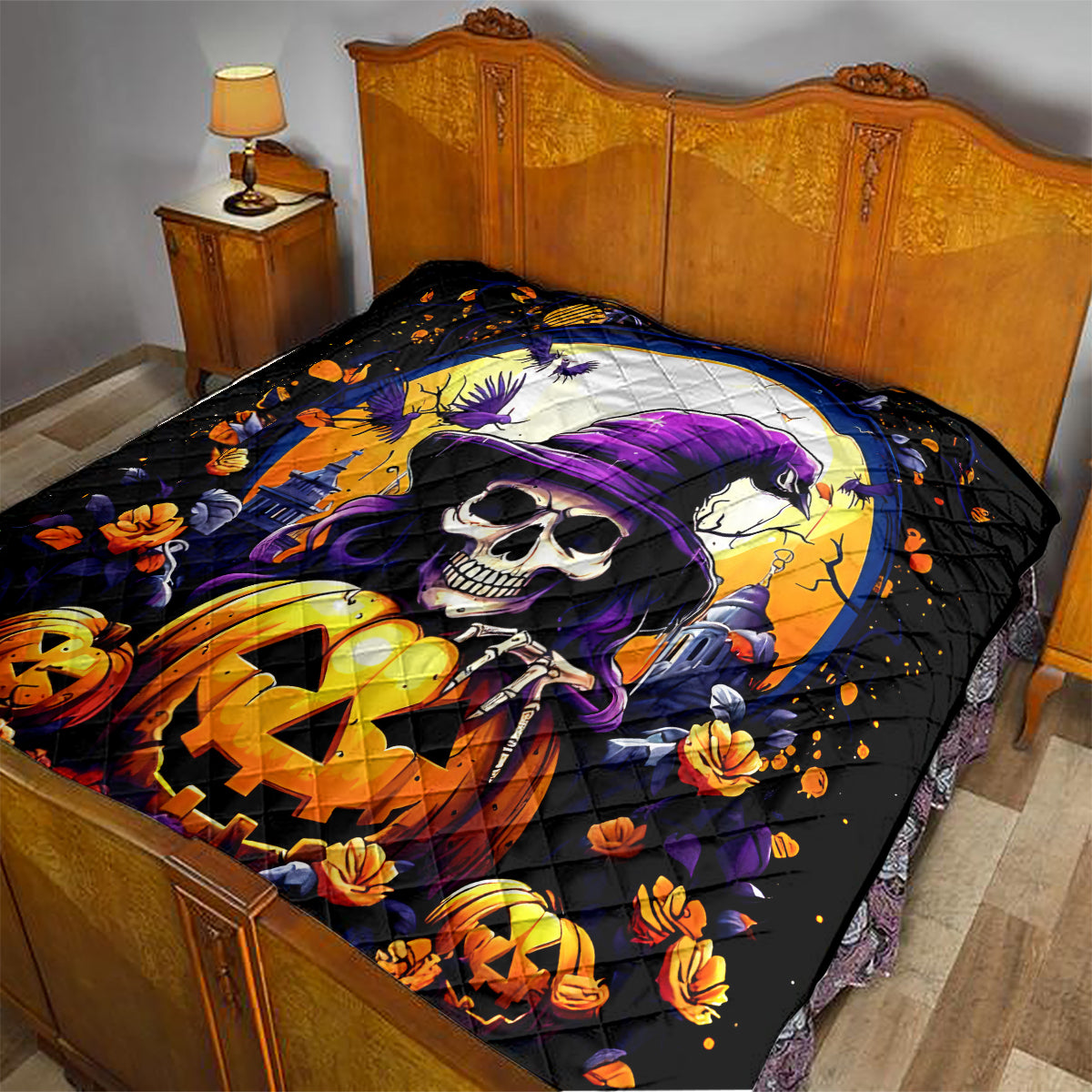 Pumpkin Witch Skull Quilt In My Defense The Moon Was Full And I Was Left Unsupervided - Wonder Print Shop