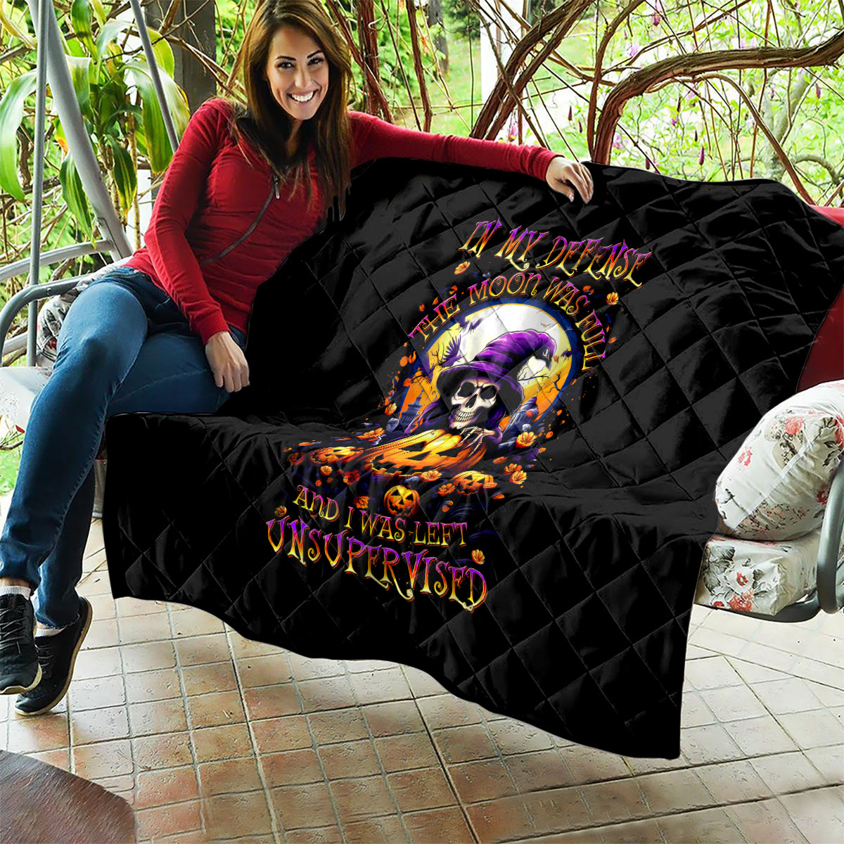 Pumpkin Witch Skull Quilt In My Defense The Moon Was Full And I Was Left Unsupervided - Wonder Print Shop