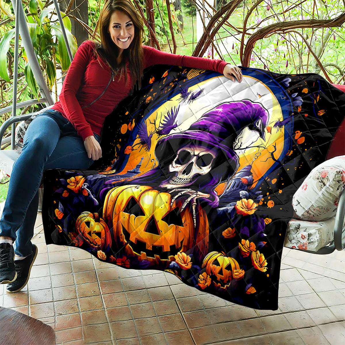Pumpkin Witch Skull Quilt In My Defense The Moon Was Full And I Was Left Unsupervided - Wonder Print Shop