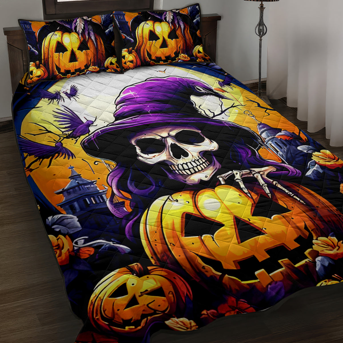 Pumpkin Witch Skull Quilt Bed Set In My Defense The Moon Was Full And I Was Left Unsupervided - Wonder Print Shop