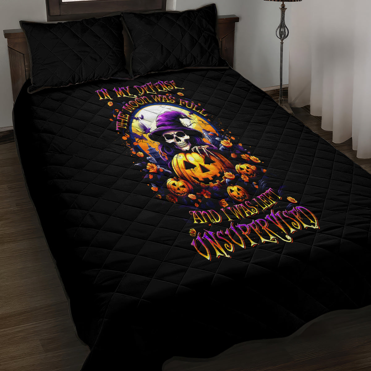 Pumpkin Witch Skull Quilt Bed Set In My Defense The Moon Was Full And I Was Left Unsupervided - Wonder Print Shop