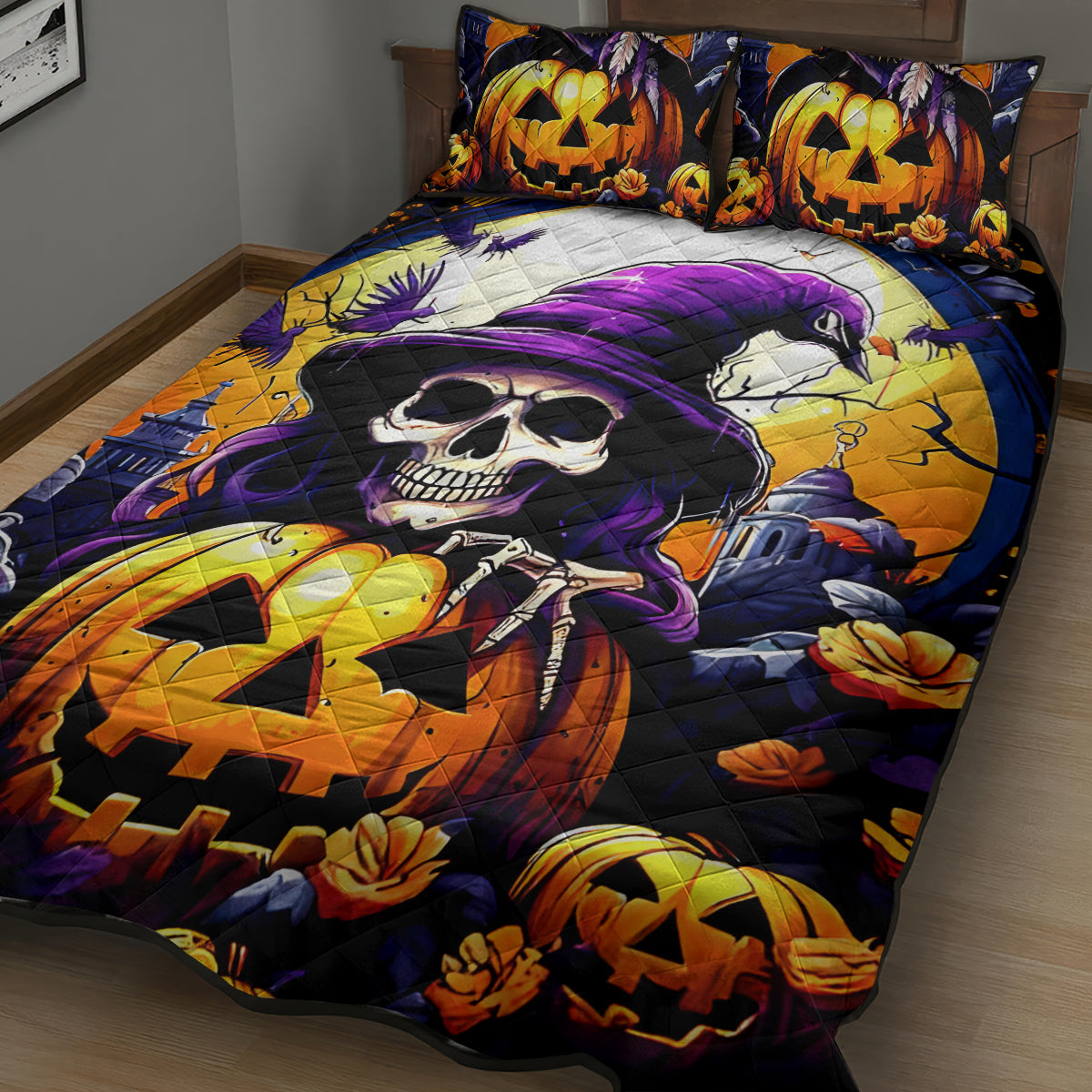 Pumpkin Witch Skull Quilt Bed Set In My Defense The Moon Was Full And I Was Left Unsupervided - Wonder Print Shop