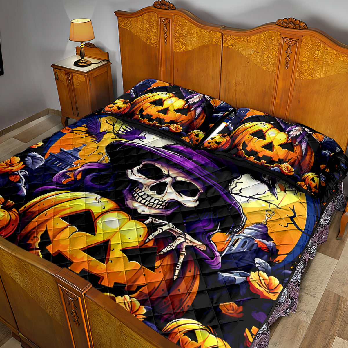 Pumpkin Witch Skull Quilt Bed Set In My Defense The Moon Was Full And I Was Left Unsupervided - Wonder Print Shop
