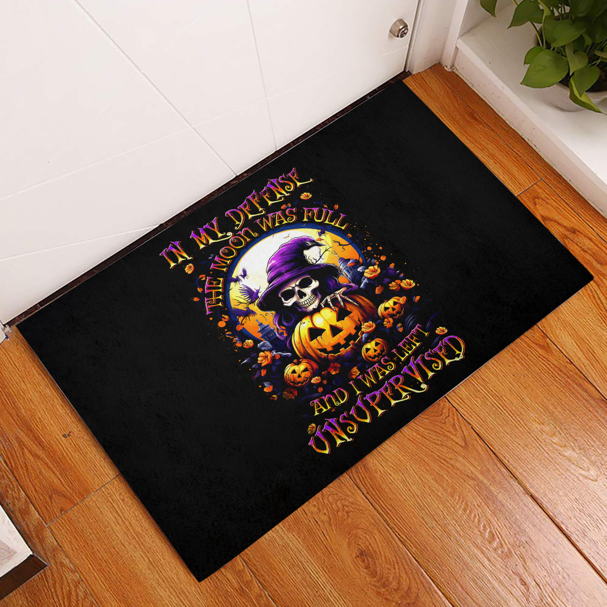 Pumpkin Witch Skull Rubber Doormat In My Defense The Moon Was Full And I Was Left Unsupervided - Wonder Print Shop