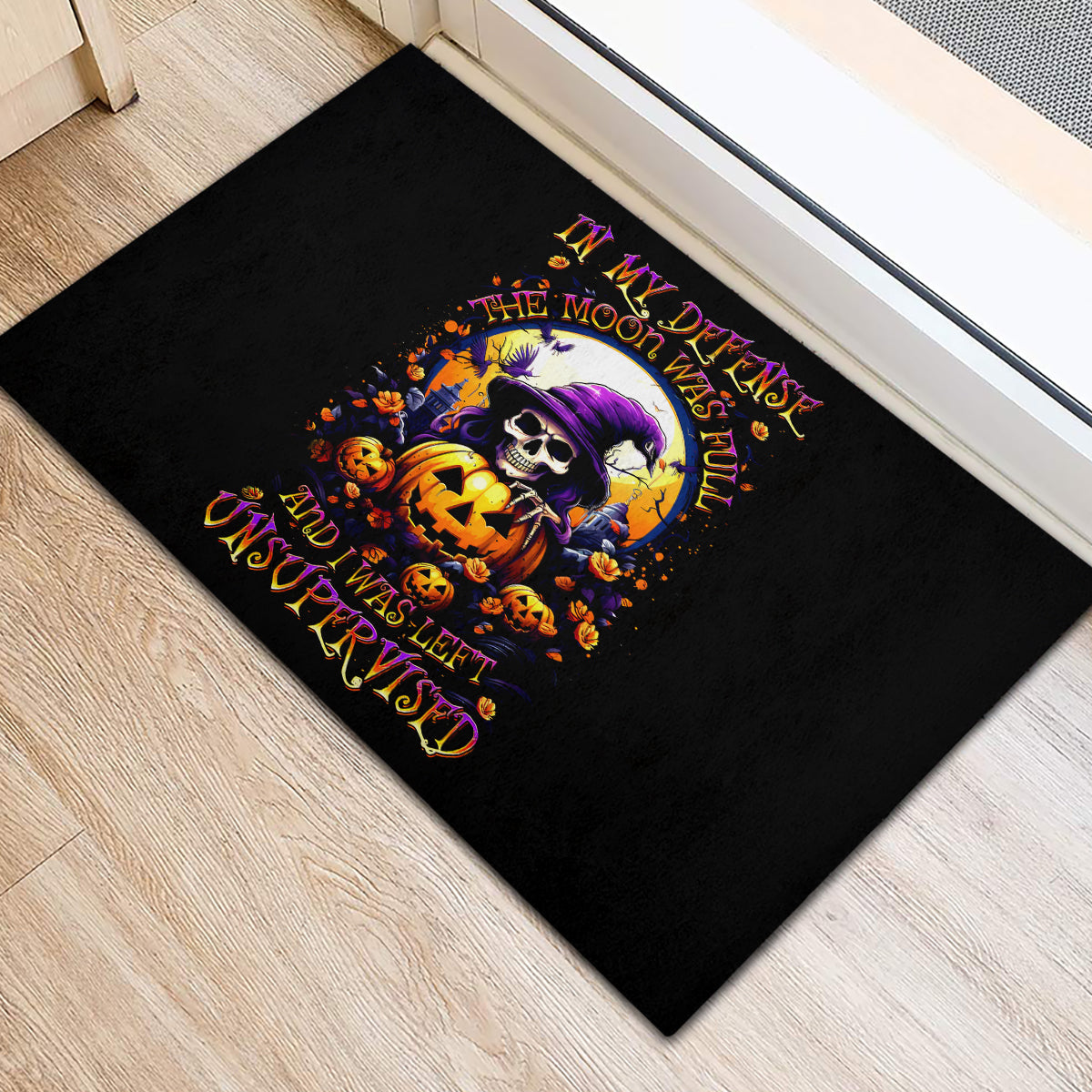 Pumpkin Witch Skull Rubber Doormat In My Defense The Moon Was Full And I Was Left Unsupervided - Wonder Print Shop