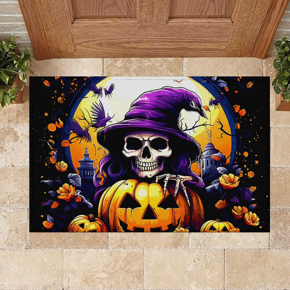 Pumpkin Witch Skull Rubber Doormat In My Defense The Moon Was Full And I Was Left Unsupervided - Wonder Print Shop