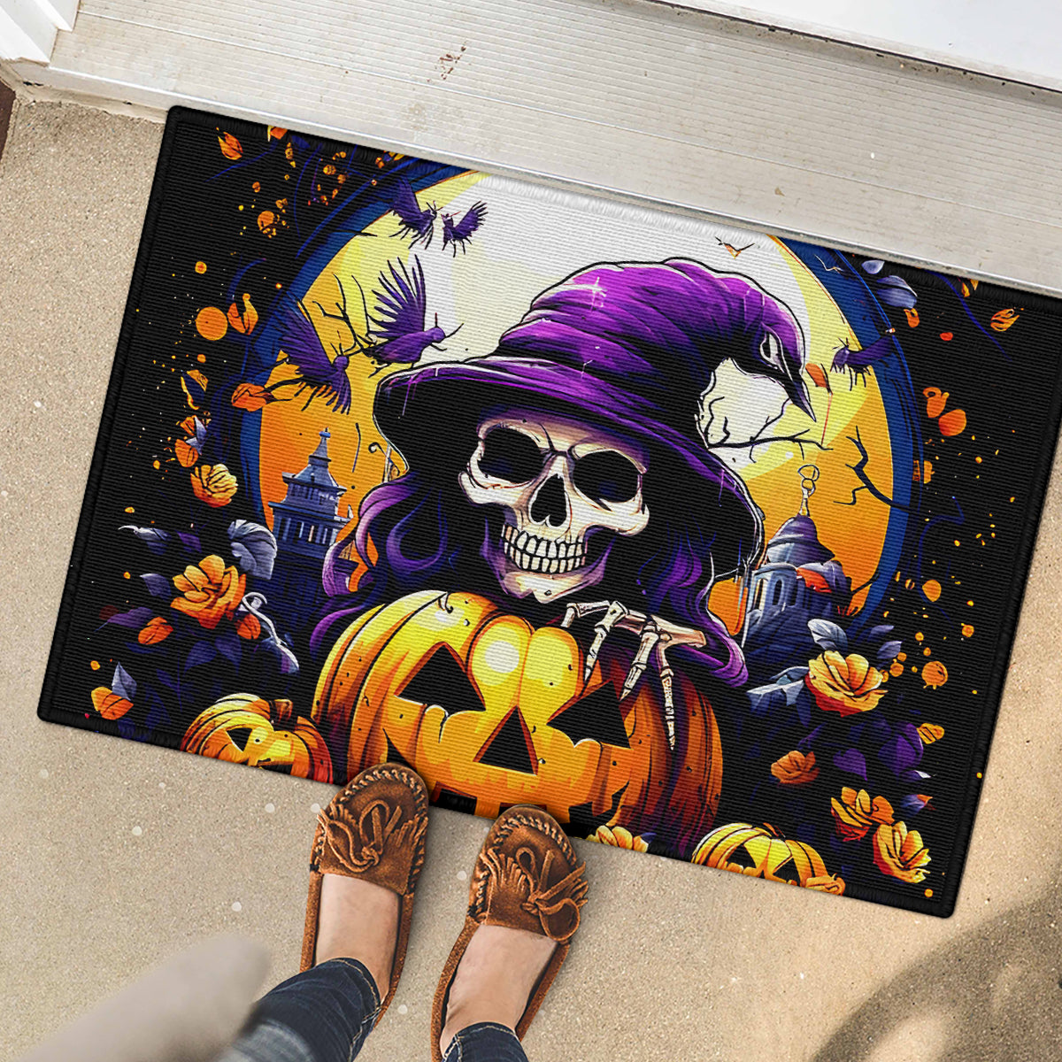 Pumpkin Witch Skull Rubber Doormat In My Defense The Moon Was Full And I Was Left Unsupervided - Wonder Print Shop