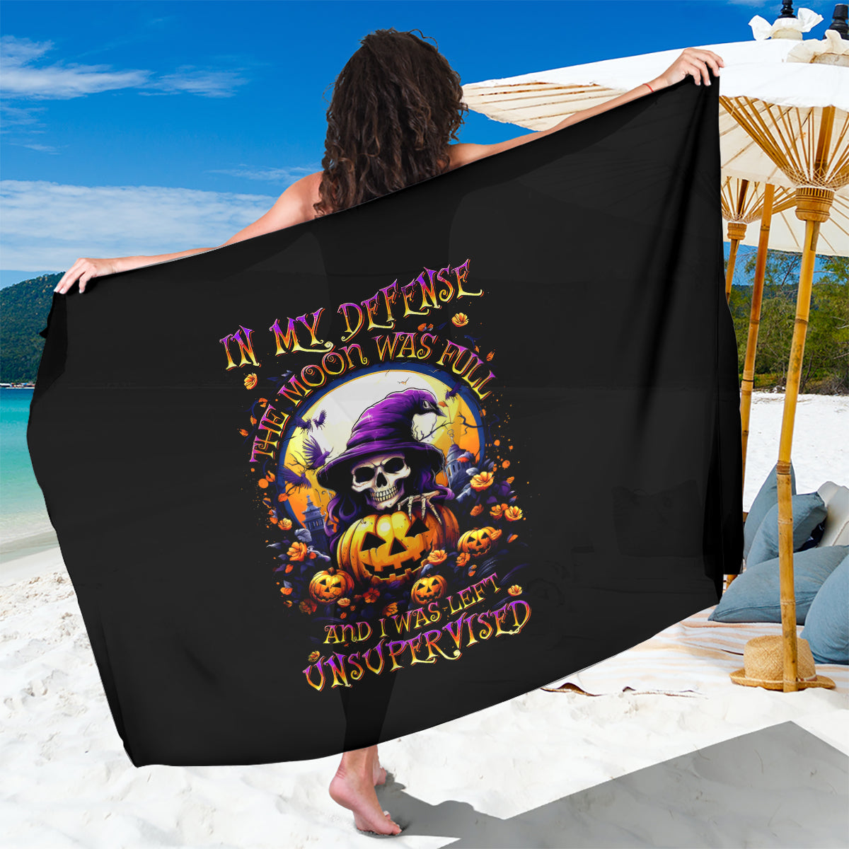 Pumpkin Witch Skull Sarong In My Defense The Moon Was Full And I Was Left Unsupervided - Wonder Print Shop