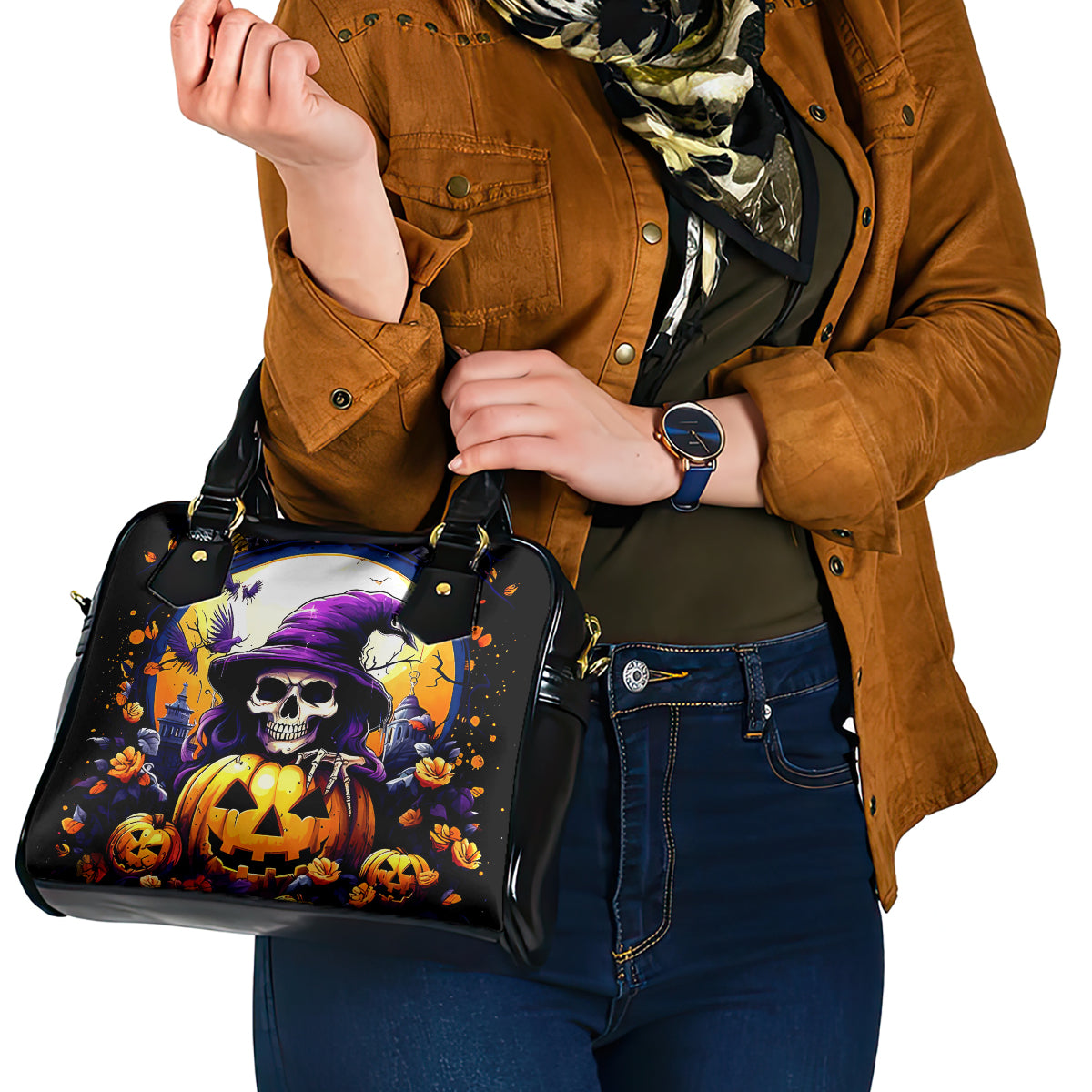 Pumpkin Witch Skull Shoulder Handbag In My Defense The Moon Was Full And I Was Left Unsupervided