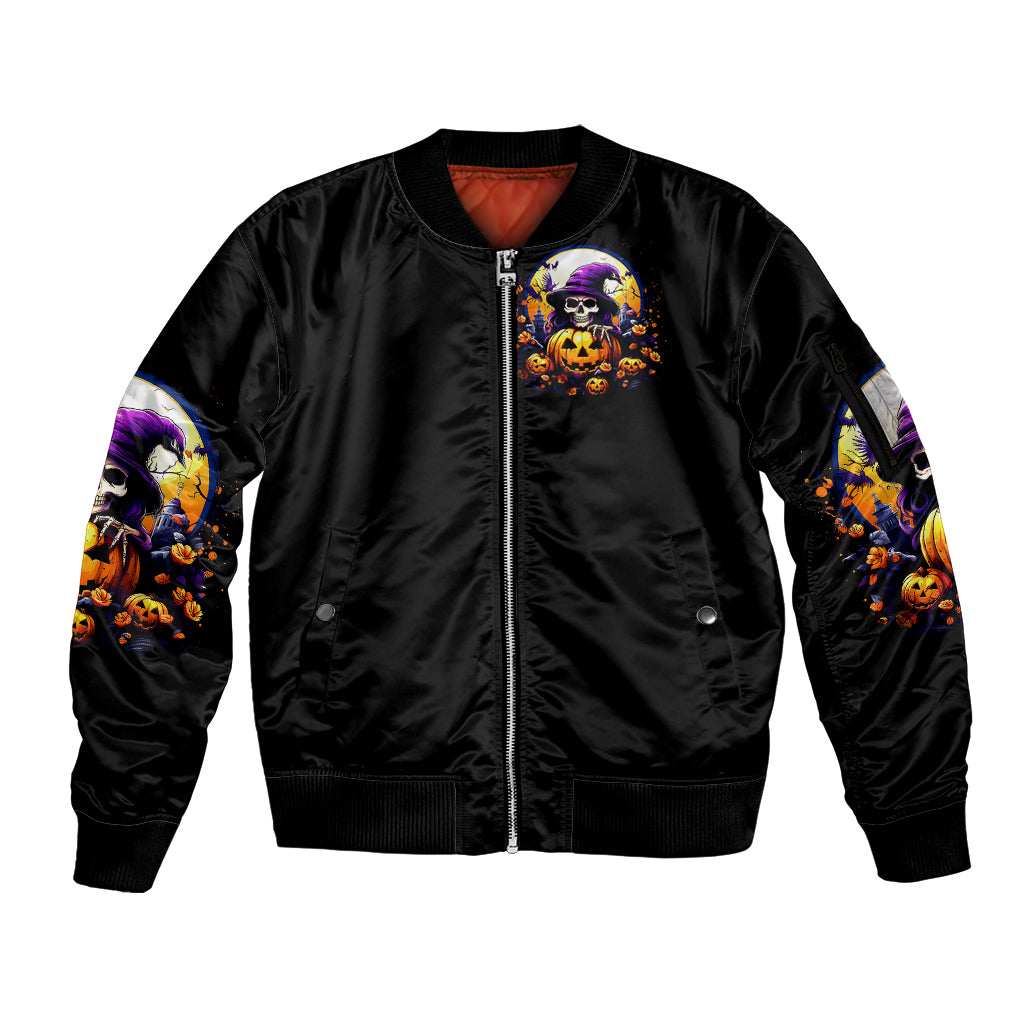 Pumpkin Witch Skull Sleeve Zip Bomber Jacket In My Defense The Moon Was Full And I Was Left Unsupervided - Wonder Print Shop