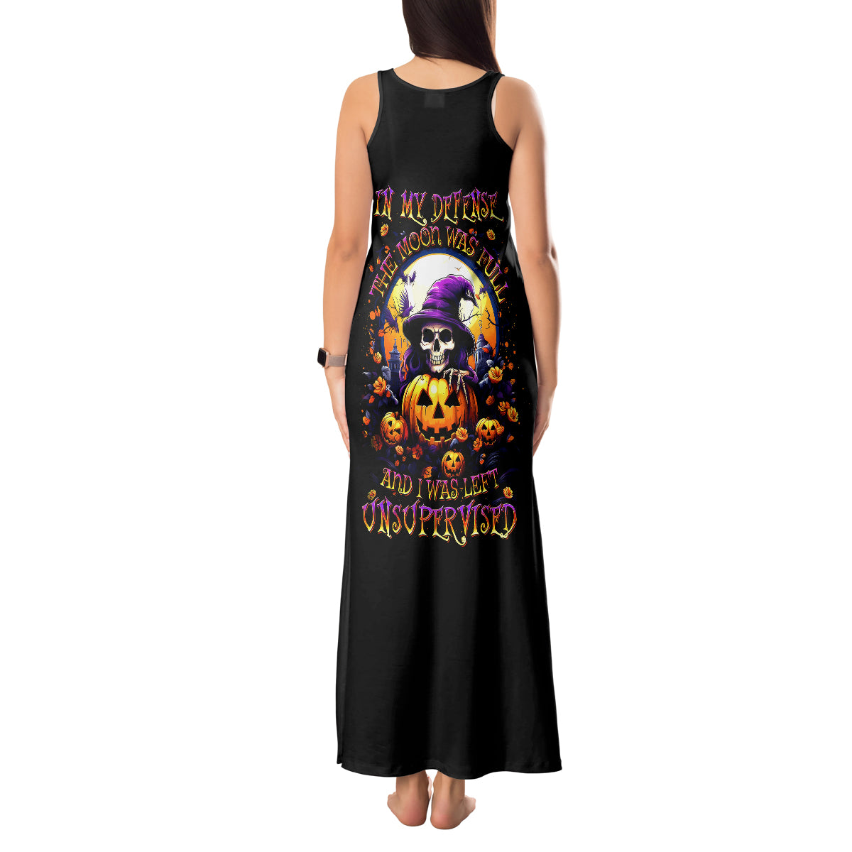 Pumpkin Witch Skull Tank Maxi Dress In My Defense The Moon Was Full And I Was Left Unsupervided - Wonder Print Shop