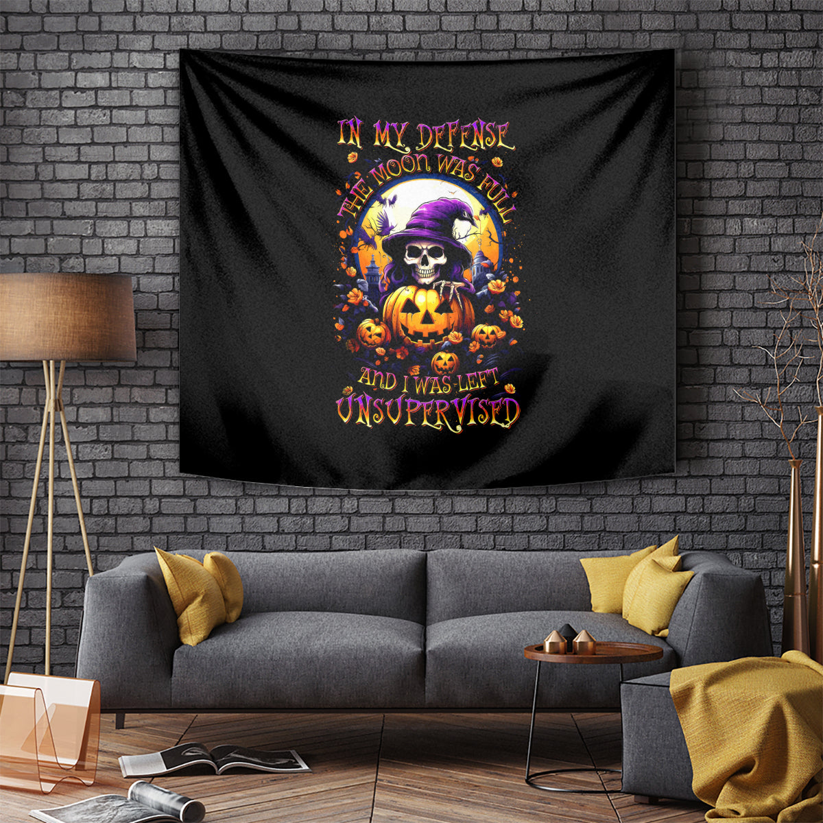 Pumpkin Witch Skull Tapestry In My Defense The Moon Was Full And I Was Left Unsupervided - Wonder Print Shop