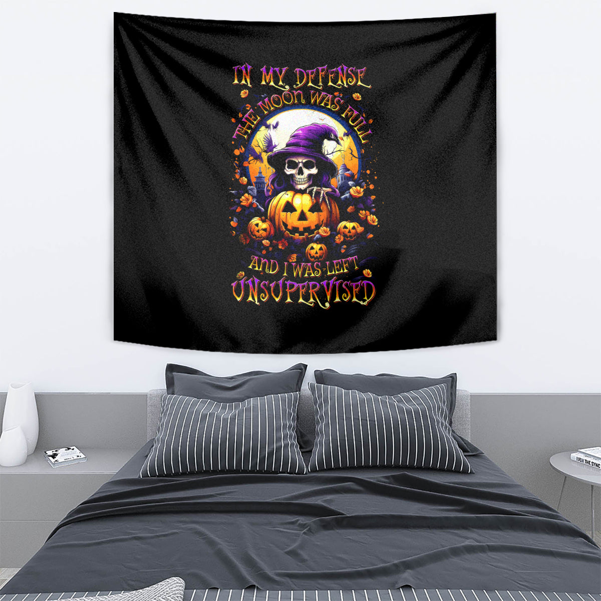 Pumpkin Witch Skull Tapestry In My Defense The Moon Was Full And I Was Left Unsupervided - Wonder Print Shop