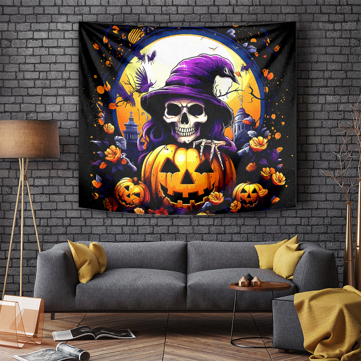 Pumpkin Witch Skull Tapestry In My Defense The Moon Was Full And I Was Left Unsupervided - Wonder Print Shop