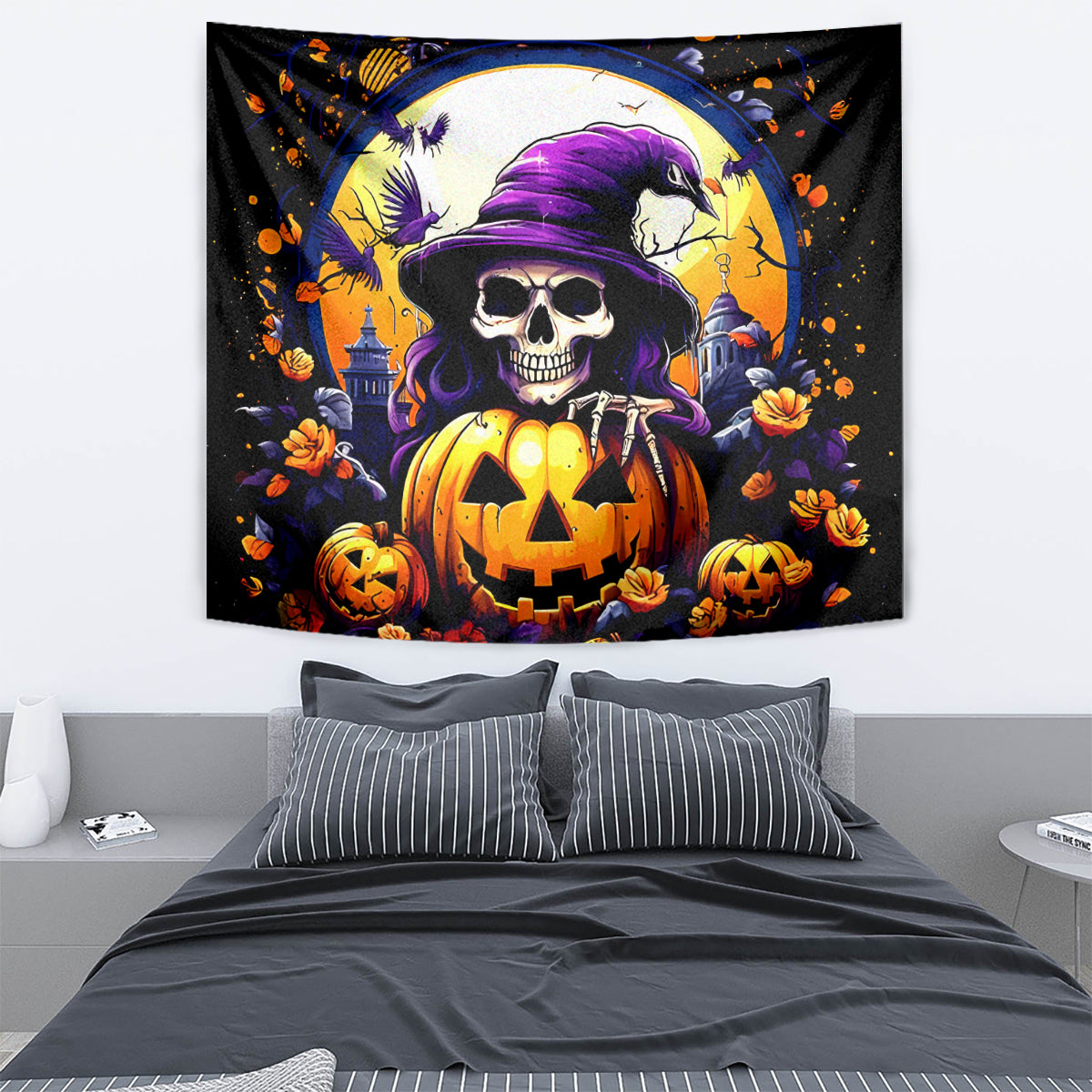 Pumpkin Witch Skull Tapestry In My Defense The Moon Was Full And I Was Left Unsupervided - Wonder Print Shop