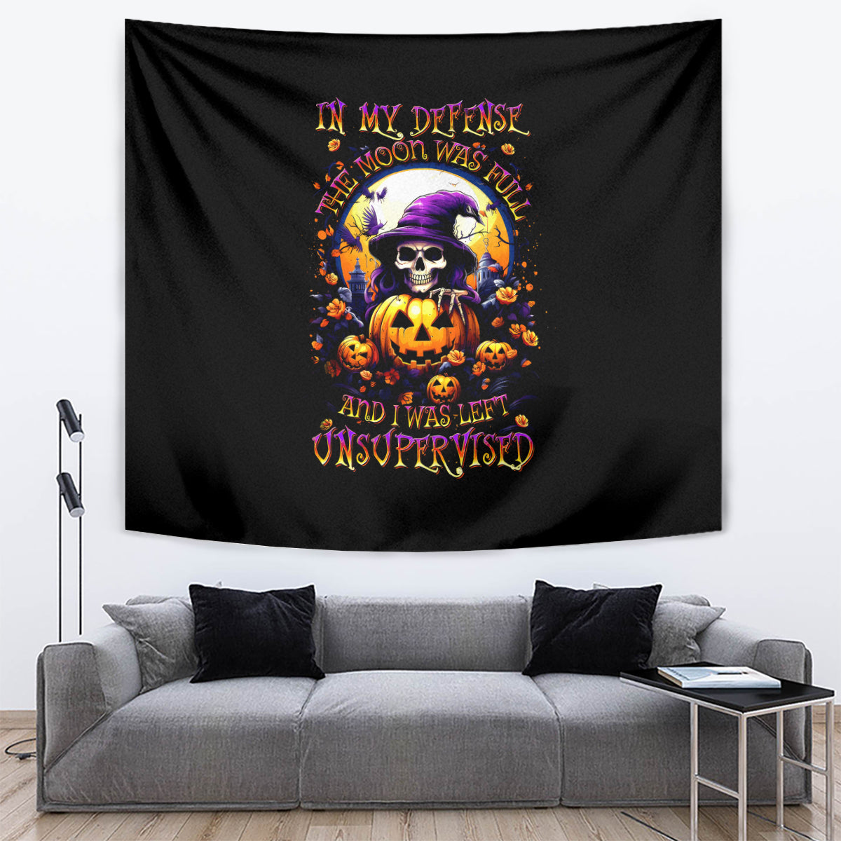 Pumpkin Witch Skull Tapestry In My Defense The Moon Was Full And I Was Left Unsupervided - Wonder Print Shop