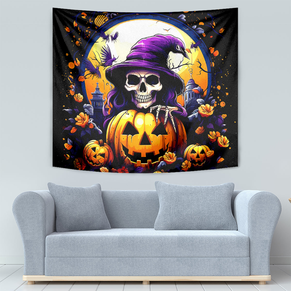 Pumpkin Witch Skull Tapestry In My Defense The Moon Was Full And I Was Left Unsupervided - Wonder Print Shop