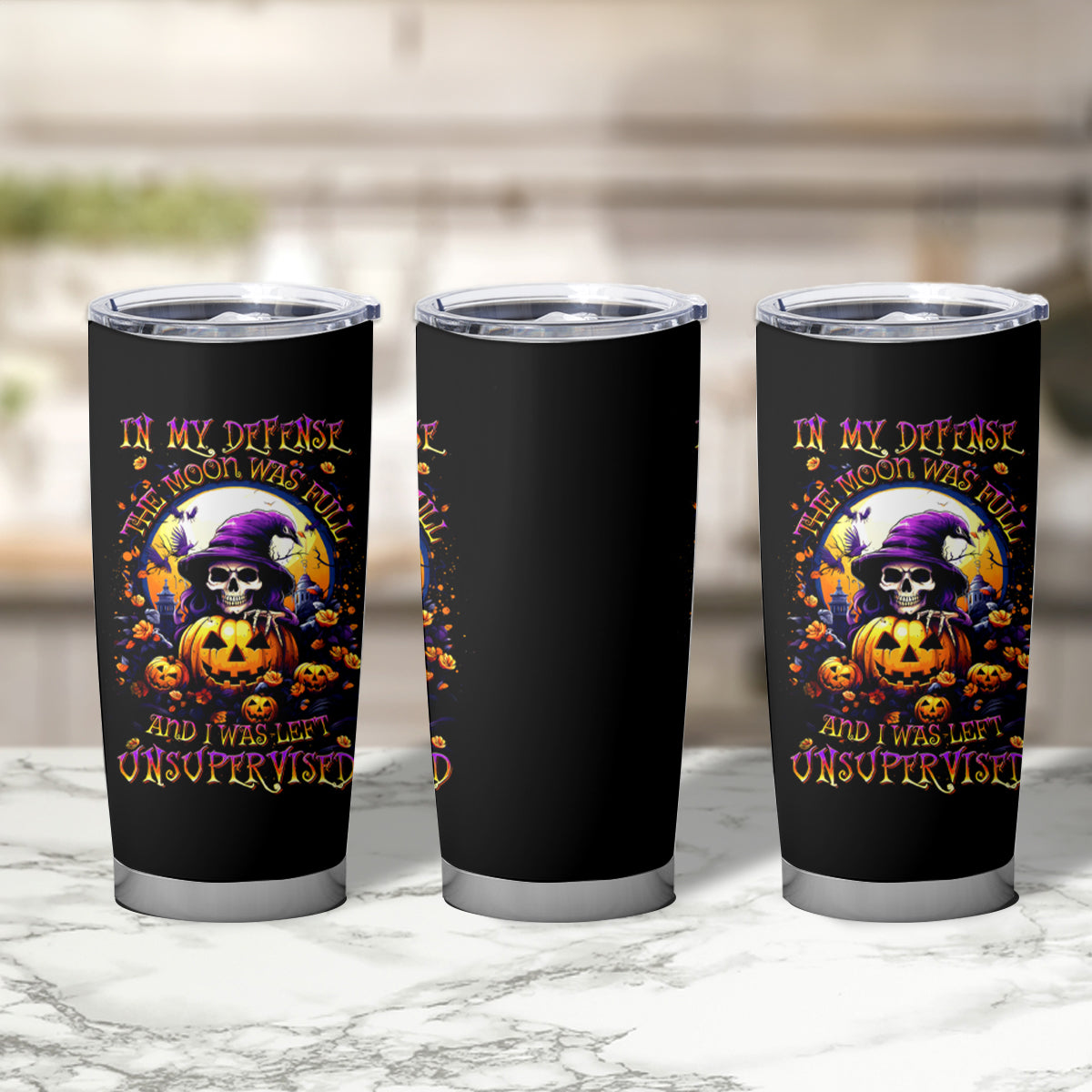 Pumpkin Witch Skull Tumbler Cup In My Defense The Moon Was Full And I Was Left Unsupervided - Wonder Print Shop