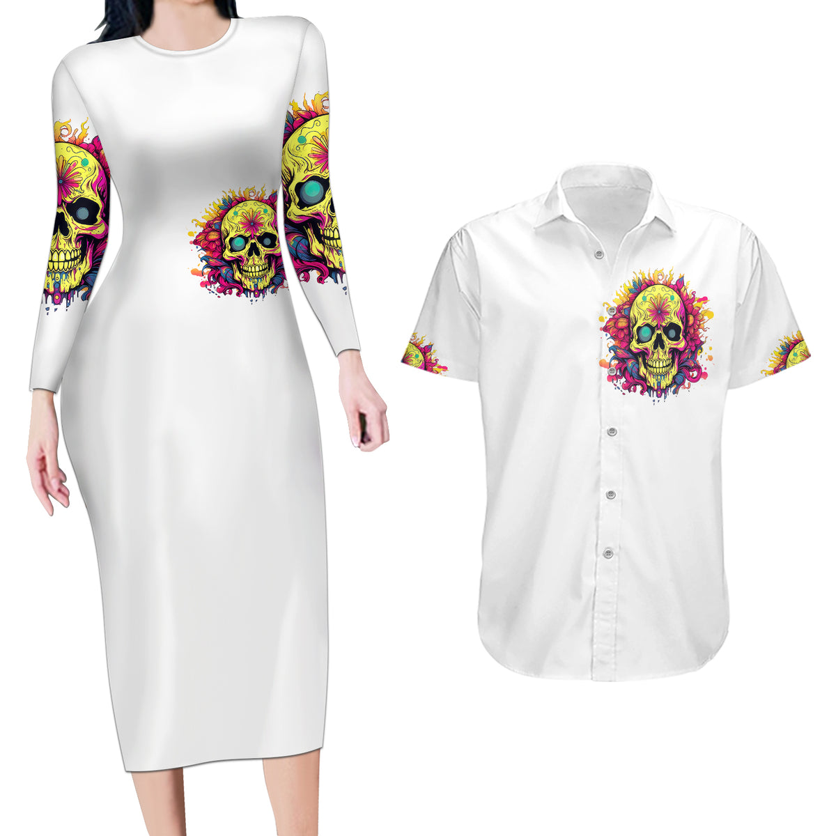 Flower Skull Couples Matching Long Sleeve Bodycon Dress and Hawaiian Shirt Judge Me When You 're Perfect Otherwise Shut Up - Wonder Print Shop